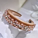 Champagne Velvet Hairband with Beaded Rhinestone Embellishments - Image 3